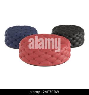 Drei farbige Leder gesteppt Hocker an einem isolierten Hintergrund. 3D-Rendering Stockfoto