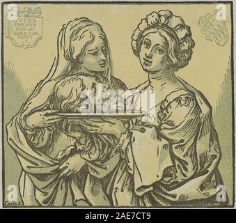 Dieser Druck zeigt die biblische Geschichte von Herodias und Salome, wobei Salome den Kopf Johannes des Täufers darstellt. 1631 von Bartolomeo Coriolano nach Guido Reni geschaffen, betont es dramatische Komposition und barocke religiöse Themen. Stockfoto