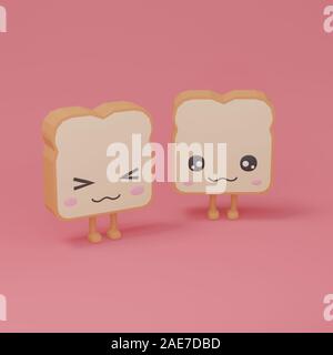 Cute Cartoon von zwei Scheiben Brot mit kawaii Gesichter lächeln Maskottchen. Weißen und Braunen toast Design für Frühstück, geometrische Szene auf Rosa pastell Hintergrund Stockfoto