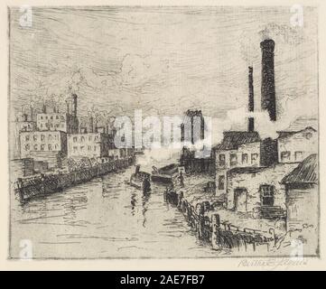 Ätzung von Bertha Evelyn Jaques aus dem Jahr 1904, die Fabriken am Chicago River zeigt, Industriebauten, Schornsteine, Wasserstraßen, Reflexionen, und urbane Landschaft des frühen 20. Jahrhunderts. Stockfoto