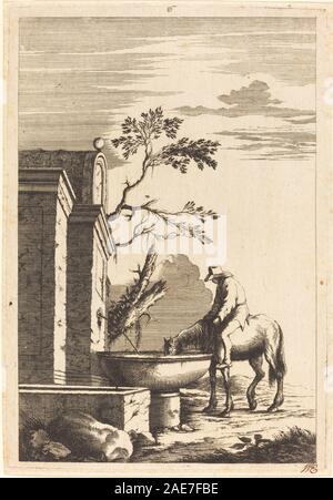 Pferd und Reiter an einem Brunnen; circa 1650 Datum Bernhard Zaech nach Jonas Umbach, Pferd und Reiter an einem Brunnen, c 1650 Stockfoto