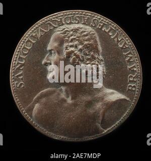 Eine Medaille oder Münzseite mit Donato Bramante, italienischem Architekten, geboren um 1444 und gestorben 1514, geschaffen von Caradosso Foppa. Das Kunstwerk hebt Renaissanceporträts, Erinnerungsdesign und detaillierte Gravuren hervor. Stockfoto