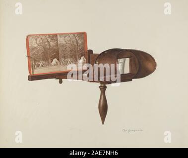 Zeigt ein Stereoskopgerät, das 1940 von Carl Buergerniss geschaffen wurde, um Bilder in drei Dimensionen zu betrachten. Es zeigt Linsen, Betrachtungsmechanismus und Holzgehäuse, die typisch für optische Instrumente des frühen 20. Jahrhunderts sind. Stockfoto