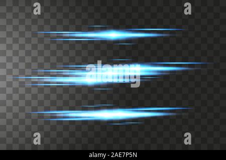 Horizontale blaue Lens Flares pack. Laserstrahlen, horizontalen Lichtstrahlen. Schönes Licht Aufflackern. Leuchtende Streifen auf dunklem Hintergrund. Leuchtende Abstract Stock Vektor