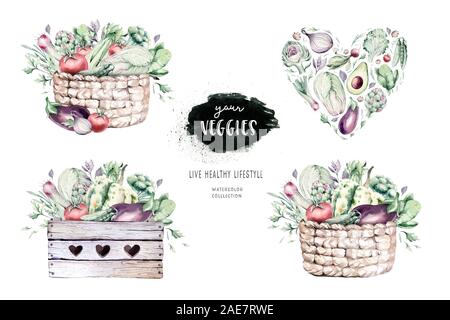 Gemüse gesunde organische Aquarell Holzkiste und Weidenkorb mit Paprika, Lauch, Zwiebeln und Avocado Rosmarin Abbildung. Isolierte Salat ein Stockfoto