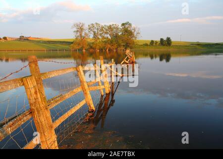 Einem überschwemmten Feld an einem Winterabend in der Nähe von Sedgefield, County Durham, England, Vereinigtes Königreich Stockfoto