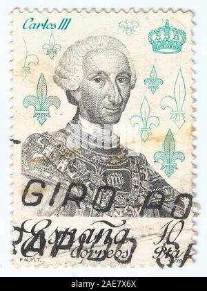 Mérida, Extremadura, Spanien - DIC 1, 2018: einen Stempel in Spanien gedruckt zeigt König Carlos III (1.716 - 1.788) Gedruckt ca. 1978 Stockfoto