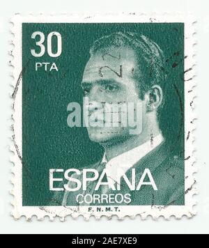 Mérida, Extremadura, Spanien - DIC 1, 2018: einen Stempel in Spanien gedruckt zeigt König Juan Carlos I ca. 1980 Stockfoto