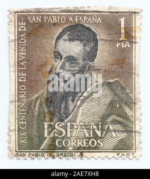 Spanien - ca. 1963: Stempel in Spanien gedruckt, zeigt ein Porträt von St. Paul, von El Greco, ca. 1963 lackiert Stockfoto