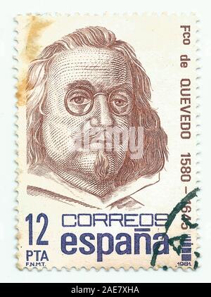 Mérida, Extremadura, Spanien - DIC 1, 2018: einen Stempel in Spanien gedruckt zeigt der Schriftsteller Francisco de Quevedo (1.580 - 1.645) ca. 1981 Stockfoto