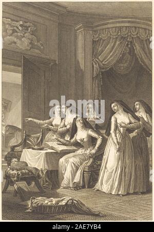 Ein Stich von Soeur Jeanne, der von Charles Emmanuel Patas nach Charles Monnet erstellt wurde und die Figur, die religiöse Kleidung, die Haltung und die französische Andachtsdarstellung der Mitte des 18. Jahrhunderts zeigt. Stockfoto