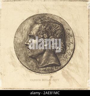 Eine Radierung von Charles Meryon aus dem Jahr 1861, die die Bronzeskulptur von Evariste Boulay-Paty von David d’Angers zeigt, die Figurenform, Gesichtszüge, Vorhänge und französische Porträtkonventionen aus der Mitte des 19. Jahrhunderts darstellt. Stockfoto