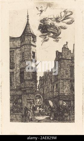 Eine Radierung von Charles Meryon aus dem Jahr 1861, die ein Pariser Gebäude in der Rue de l'école de Médecine 22 mit einem Turm darstellt. Das architektonische Detail spiegelt das Pariser Stadtdesign des 19. Jahrhunderts wider. Stockfoto