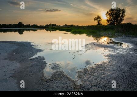 Risse im Schlamm am Ufer des Stausees, Bäume und Sonnenuntergang Stockfoto