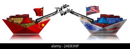 USA und China Handelskrieg Konzept. Zwei Cargo Container Schiffe mit Kanonen, die Tarife und die chinesischen und die USA-Flagge. Auf weissem Hintergrund Stockfoto