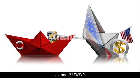 Rotes Papier Rettung Boot der Küstenwache abschleppen ein Papier, Boot, mit den Vereinigten Staaten von Amerika Flagge und US Dollar Symbol, Rezession Konzept Stockfoto