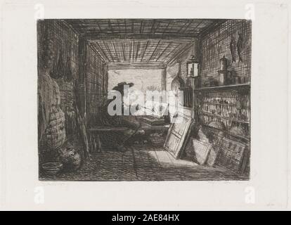 Ein Gemälde eines schwimmenden Ateliers von Charles-Francois Daubigny aus dem Jahr 1862, das das Boot, das Atelier des Künstlers, den Fluss, die Wasserreflexionen, umliegende Landschaft und französische Landschaft aus der Mitte des 19. Jahrhunderts. Stockfoto