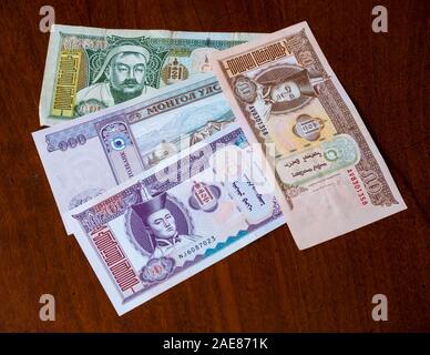 Mongolische tugrik tögrög oder Geld Papier Banknoten Stockfoto