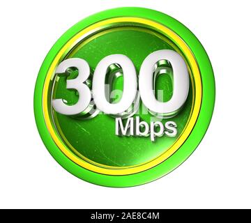 300 Mbit/s Grün 3D-Rendering auf weißem Hintergrund. (mit Clipping Path). Stockfoto