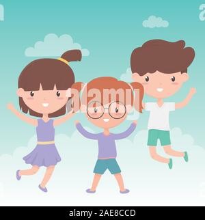 Happy Tag der Kinder, kleine Mädchen und Jungen springen feiern Vector Illustration Stock Vektor