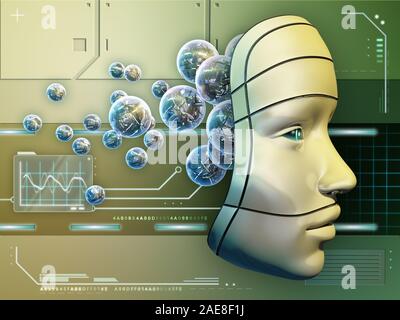 Konzeptionelle Bild zeigt eine Roboter Maske und einem elektronischen Gehirn. Digitale Illustration. Stockfoto