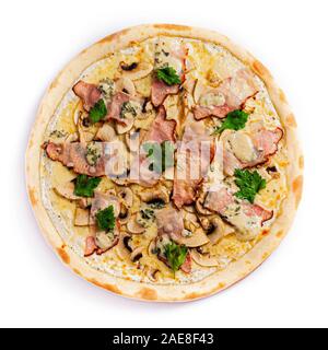 Pizza isolieren, mittelgroß, Ansicht von oben. Stock Foto von Pizza. Stockfoto