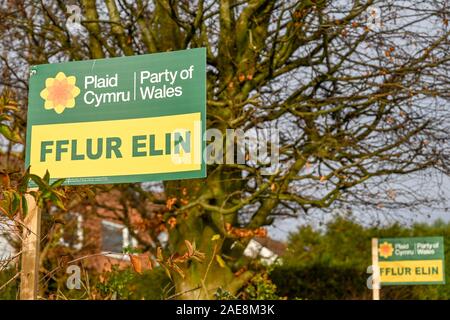 PONTYPRIDD, WALES - Dezember 2019: Zeichen im Garten eines Hauses Unterstützung der Plaid Cymru Kandidat für den Bereich in der BRITISCHEN allgemeinen Wahl Stockfoto