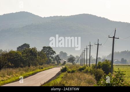 Straße mit Holzpfähle in die Karpaten. Die Ukraine Stockfoto