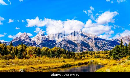 Die Grand Tetons gesehen von entlang der Snake River an der Schwabacher Landung im Grand Teton National Park, Wyoming, USA Stockfoto