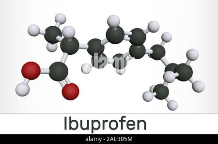 Ibuprofen Molekül, ist ein nicht-steroidales NSAID Droge. Molekülmodell. Ball und Stock. 3D-Rendering Stockfoto