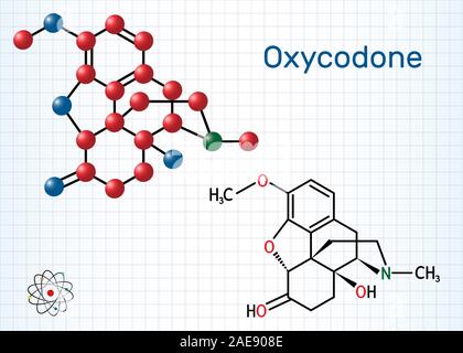 Oxycodone Molekül. Es ist Halbsynthetisches opioid Medikation für die Behandlung des Schmerzes. Strukturelle chemische Formel und Molekül-Modell. Blatt Papier ich Stock Vektor