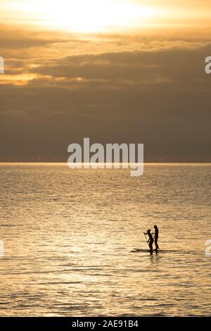 Eine Frau und ein mit Stand up Paddleboards außerhalb Lyme Regis Hafen Anfang Dezember bei Sonnenaufgang Mann. Lyme Regis ist auf der Heritage Coast gelegen ist oder Stockfoto