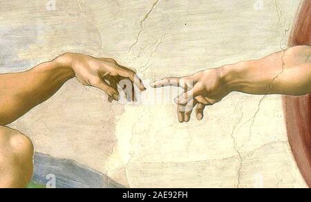 Detail von der Erschaffung von Adam auf die Sixtinische Kapelle Decke. Die Erschaffung des Adam, ein Fresko in der Sixtinischen Kapelle von Michelangelo (1475-1564), 1511. Stockfoto