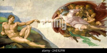 Die Erschaffung des Adam auf die Sixtinische Kapelle Decke. Die Erschaffung des Adam, ein Fresko in der Sixtinischen Kapelle von Michelangelo (1475-1564), 1511. Stockfoto