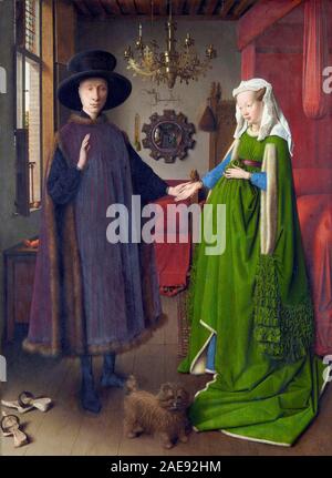 Arnolfini Portrait (1434), von Jan van Eyck das Arnolfini Portrait (Die Arnolfini-hochzeit, das Arnolfini Hochzeit, das Porträt des Giovanni Arnolfini und seine Frau) glaubte, daß der italienische Händler Giovanni di Nicolao Arnolfini und seiner Frau zu zeigen Stockfoto