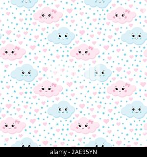Nahtlose Muster niedliche Wolken paar Junge und Mädchen baby in Liebe mit rosa Herzen, blaue Sterne auf weißem Hintergrund. Stock Vektor