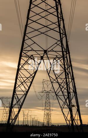 Siloflansches Türme und Stromleitungen in der Nähe Sonnenuntergang im Norden von Idaho. Stockfoto