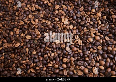 Eine Menge gebratene dunkelbraun und hellbraun Kaffeebohnen als Hintergrund. Stockfoto