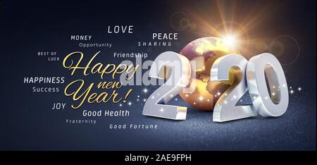 Frohes Neues Jahr Grüße, beste Wünsche und 2020 Datum Nummer, komponiert mit einem goldfarbenen Planet Erde, auf einer festlichen schwarzen Hintergrund, mit glitzert ein Stockfoto