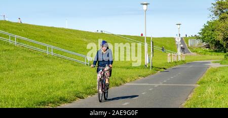 Radfahrerin auf einem Radweg auf einem Deich Cuxhavener Niedersachsen Deutschland. Stockfoto