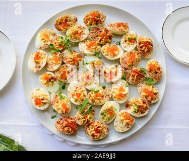 Eier Diablo im Casa Kimberly Sonntag Frühstücksbuffet in Puerto Vallarta, Jalisco, Mexiko. Stockfoto