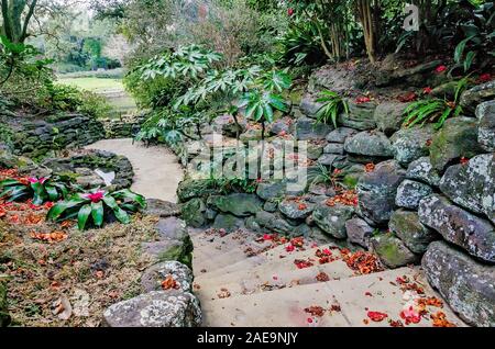 Flagstone Stufen führen Besucher durch die Steingarten an der Bellingrath Gardens, 24. Februar 2018, in Theodore, Alabama. Stockfoto