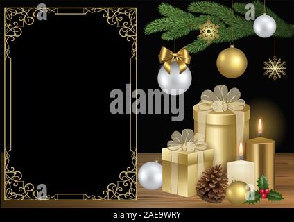 Weihnachten Hintergrund mit Kerzen und Geschenkboxen Stockfoto