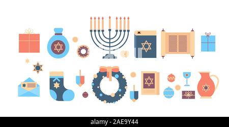 Menorah Tora Bibel Geschenkbox Kranz Icons Set Happy Hanukkah Judentum religiöse Feiertage feiern Jüdische Festival Konzept horizontale Vektor illustration Stock Vektor