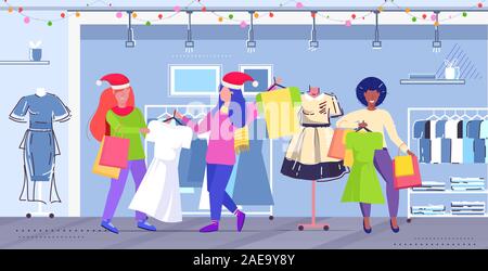 Frauen Shopper in santa Hüte kämpfen für letzte Kleid kunden Paar auf saisonalen Einkauf Verkauf Kampf Konzept Modern Fashion Boutique Interieur voller Länge horizontale Vektor illustration Stock Vektor