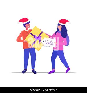 Mann Frau Shopper in santa Hüte kämpfen für letztes Geschenk box Kunden Paar auf saisonalen Einkauf Verkauf Kampf Konzept voller Länge Vektor illustration Stock Vektor