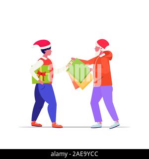 Zwei Männer Shopper in santa Hüte kämpfen für Einkäufe Taschen Kunden auf saisonalen Einkauf Verkauf Kampf Konzept voller Länge Vektor illustration Stock Vektor