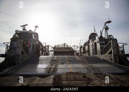 Us-Marines und Matrosen arbeiten M 1150 Assault Breacher Fahrzeug auf eine Landing Craft, Luftgepolsterte hovercraft am Roten Strand auf der Marine Corps Base Camp Pendleton, Kalifornien zu laden, als Teil Stahl Ritter 20, Dez. 5, 2019. Stahl Ritter ist eine jährliche Übung, erstreckt sich über die westlichen Staaten der USA und in Kalifornien Küste. Es konzentriert sich auf die Masse Brände, Manöver Kriegsführung Taktik und Befehls- und Kontrollfunktionen, um Marines test und Matrosen in einer Vielzahl von Umgebungen und die Vorbereitung der Aggression gegen eine in der Nähe von-peer Bedrohung zu begegnen. (U.S. Marine Corps Foto von Lance Cpl. Angela Wilcox) Stockfoto