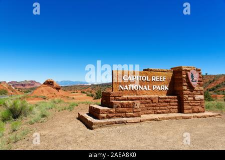 Ortseingangsschild, Capitol Reef National Park, Utah Stockfoto