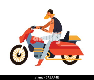 Biker Mann sitzt auf rotes Motorrad Seitenansicht Stock Vektor